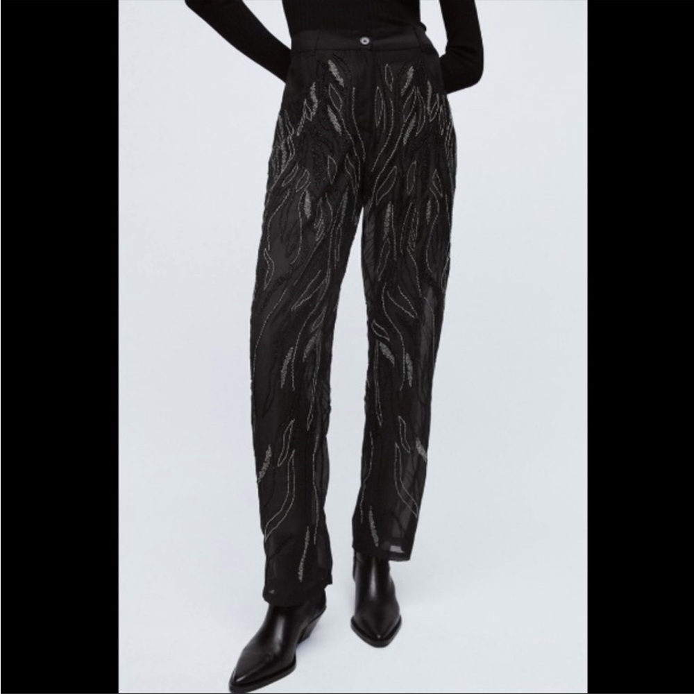 NWT ZARA BLACK SILVER BEADED EMBELLISHED PANTS SZ M NEW YEARS CHRISTMAS HOLIDAY